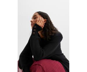 Longpullover BONPRIX "Longpullover mit Knöpfen", Damen, Gr. 48/50 (XL), schwarz, Rippstrick, Obermaterial: 75% Polyacryl, 22% Polyester, 3% Elasthan, unifarben, oversize ca. Mitte Oberschenkel, Rundha