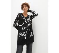 Longpullover BONPRIX "Longpullover mit Schriftzug", Damen, Gr. 40/42 (M), schwarz (schwarz, weiß bedruckt), Obermaterial: 100% Viskose, loose fit, Pullover Longpullover, aus Viskose, lockere Passform,