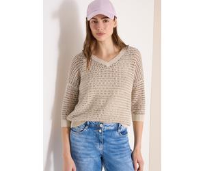 Longpullover CECIL, Damen, Gr. L (42), pearl beige, Stoff, 42% Viskose, 38% Polyester, 18% Baumwolle, 2% Metallpolyester, unifarben, comfort fit normal, V-Ausschnitt, Bündchen, Pullover Longpullover (