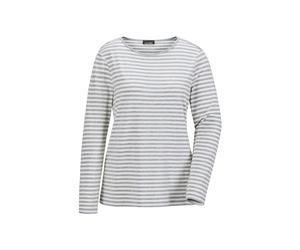 Longpullover GOLDNER "Jerseyshirt im Streifen-Look", Damen, Gr. 38, grau (graumelange, cremeweiß, geringelt), Obermaterial: 92% Viskose CV. 8% Elasthan EL., U-Boot-Ausschnitt, Sonstiges, Pullover Long