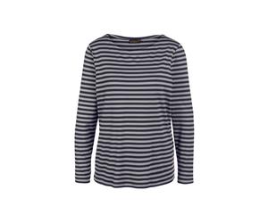 Longpullover GOLDNER "Kurzgröße Jerseyshirt mit Streifenmuster", Damen, Gr. 24, blau (marine, grau), Obermaterial: 95% Viskose CV. 5% Elasthan EL., eng Tubular, Pullover Longpullover, Bunt gewirkter u
