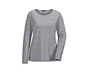 Longpullover GOLDNER "Kurzgröße Ringelshirt mit U-Boot-Ausschnitt", Damen, Gr. 23, blau (marine, cremeweiß, geringelt), Obermaterial: 92% Viskose CV. 8% Elasthan EL., Sonstiges, Pullover Longpullover,