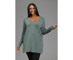 Longpullover LAURA SCOTT CURVE "Große Größen", Damen, Gr. 48/50, grün (salbei), Feinstrick, Obermaterial: 70% Viskose, 30% Polyamid, unifarben, Basic, figurumspielend Po-bedeckend, V-Ausschnitt, Pullo