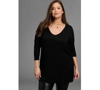 Longpullover LAURA SCOTT CURVE "Große Größen", Damen, Gr. 48/50, schwarz, Feinstrick, Obermaterial: 70% Viskose, 30% Polyamid, unifarben, Basic, figurumspielend Po-bedeckend, V-Ausschnitt, Pullover Lo