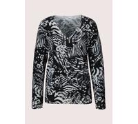 Longpullover MADELEINE "Druckpullover V-Pullover mit Unikat-Print", Damen, Gr. 44, schwarz (schwarz, steingrau), Obermaterial: 100% Schurwolle WV., Pullover Longpullover (17257130-44) schwarz, steingr