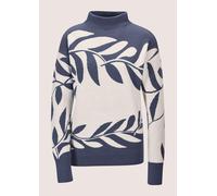 Longpullover MADELEINE "Jacquard-Pullover Moderner Winterpullover mit floralem Strickmuster", Damen, Gr. 40/42, blau (rauchblau, wollweiß), Obermaterial: 50% Baumwolle CO. 50% Polyacryl PAN., Modern, 