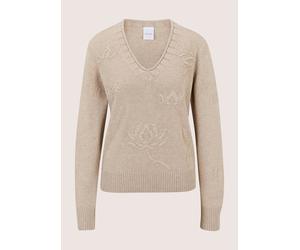 Longpullover MADELEINE "Kaschmirpullover Eleganter Strickpullover mit floralem Design", Damen, Gr. 34, beige, Modern, V-Ausschnitt, Pullover Longpullover, florales Strickmuster (63584746-34) beige