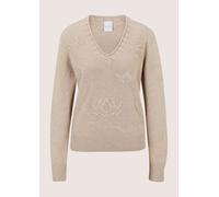 Longpullover MADELEINE "Kaschmirpullover Eleganter Strickpullover mit floralem Design", Damen, Gr. 36/38, beige, Modern, V-Ausschnitt, Pullover Longpullover, florales Strickmuster (63584746-36) beige