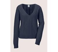Longpullover MADELEINE "Kaschmirpullover Kaschmirpullover mit V-Ausschnitt", Damen, Gr. 40/42, blau (marine), Obermaterial: 100% Kaschmir WS., Modern, V-Ausschnitt, Pullover Longpullover, Zopfmuster (