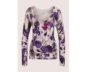 Longpullover MADELEINE "Pullover Feinstrick-Pullover mit Unikat-Print", Damen, Gr. 44/46, grau (grau, kristalllila, multicolor), Obermaterial: 82% Viskose CV. 12% Polyamid PA. 6% Elasthan EL., Modern,