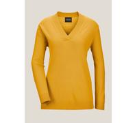 Longpullover MADELEINE "Pullover Feinstrickpullover mit V-Ausschnitt", Damen, Gr. 40/42, gelb (goldgelb), Obermaterial: 100% Schurwolle WV., Modern, normal, V-Ausschnitt, Pullover Longpullover (540915