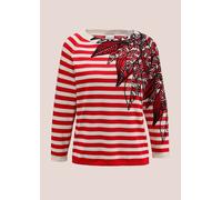 Longpullover MADELEINE "Pullover Gestreifter Pullover mit Strasssteinchen", Damen, Gr. 42, rot (sanftes weiß, rot), Obermaterial: 60% Viskose CV. 40% Baumwolle CO., Pullover Longpullover (99492954-42)