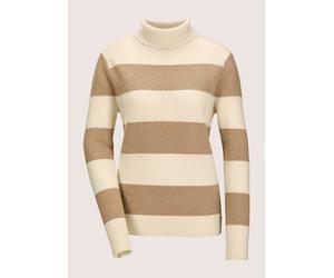 Longpullover MADELEINE "Pullover Stehkragen-Pullover mit Blockstreifen", Damen, Gr. 44/46, weiß (wollweiß, caramel, silberfarben), Obermaterial: 90% Schurwolle WV. 10% metallisierte Fasern MTF., Moder