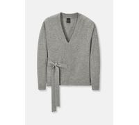 Longpullover MADELEINE "Pullover V-Pullover mit Bindeband", Damen, Gr. 36/38, grau (grau, melange), Obermaterial: 90% Schurwolle WV. 10% Kaschmir WS., Modern, normal, V-Ausschnitt, Pullover Longpullov