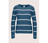 Longpullover MADELEINE "Strickpullover Moderner Baumwollpullover mit Zopfmuster und Ringel-Design", Damen, Gr. 44/46, weiß (tintenblau, wollweiß), Obermaterial: 100% Baumwolle CO., Modern, Pullover Lo