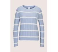 Longpullover MADELEINE "Strickpullover Moderner Baumwollpullover mit Zopfmuster und Ringel-Design", Damen, Gr. 44/46, weiß (bleu, wollweiß), Obermaterial: 100% Baumwolle CO., Modern, Pullover Longpull