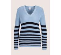 Longpullover MADELEINE "Strickpullover Moderner Strickpullover im Ringel-Design", Damen, Gr. 48, blau (bleu, marine), Obermaterial: 50% Baumwolle CO. 50% Polyacryl PAN., Modern, V-Ausschnitt, Pullover