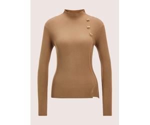 Longpullover MADELEINE "Strickpullover Stilvoller Viskosepullover mit edlen Broschen", Damen, Gr. 44/46, braun (caramel), Obermaterial: 65% Viskose CV. 35% Polyamid PA., Modern, Pullover Longpullover,