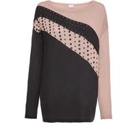 Longpullover BONPRIX "Longpullover mit Applikation", Damen, Gr. 40/42 (M), schwarz (schwarz, rosé), Obermaterial: 50% Polyacryl, 50% Viskose, lässig geschnitten, Pullover Longpullover, aus Polyacryl u