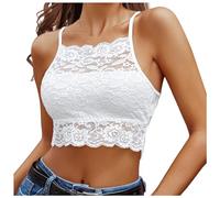 Longra Damen Spitzen Crop Top Camilose Unterhemd Bauchfrei Oberteile Sexy Spitze SommerCamilose Bustier Spaghetti Tank Tops BasicOberteile Kurz Spitzentop Tanktops Fitted Trägertop Outfit (White, XL)
