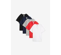 Longshirt BONPRIX "Weites Long-Shirt mit V-Ausschnitt, Kurzarm (5er Pack)", Damen, Gr. 44/46 (L), erdbeere, schwarz, weiß, hellgrau meliert, dunkelblau, Jersey, Obermaterial: 90% Baumwolle, 10% Viskos
