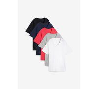 Longshirt BONPRIX "Weites Long-Shirt mit V-Ausschnitt, Kurzarm (5er Pack)", Damen, Gr. 44/46 (L), schwarz, hibiskuspink, hellgrau meliert, weiß, dunkelblau, Jersey, Obermaterial: 90% Baumwolle, 10% Vi
