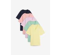 Longshirt BONPRIX "Weites Long-Shirt mit V-Ausschnitt, Kurzarm (5er Pack)", Damen, Gr. 44/46 (L), bunt (softrosa, softflieder, mint, softlimette, dunkelblau), Jersey, Obermaterial: 100% Baumwolle, meh