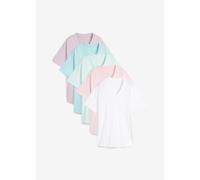 Longshirt BONPRIX "Weites Long-Shirt mit V-Ausschnitt, Kurzarm (5er Pack)", Damen, Gr. 44/46 (L), kristallrosa, pastellmint, mattaqua, rauchflieder, weiß, Jersey, Obermaterial: 100% Baumwolle, mehrfar