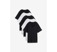 Longshirt BONPRIX "Weites Long-Shirt mit V-Ausschnitt, Kurzarm (5er Pack)", Damen, Gr. 48/50 (XL), schwarz (schwarz, schwarz, schwarz, weiß, weiß), Jersey, Obermaterial: 100% Baumwolle, unifarben, loo