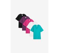 Longshirt BONPRIX "Weites Long-Shirt mit V-Ausschnitt, Kurzarm (5er Pack)", Damen, Gr. 48/50 (XL), smaragd, weinbeere, mittelfuchsia, weiß, schwarz, Jersey, Obermaterial: 100% Baumwolle, mehrfarbig, u