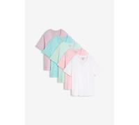Longshirt BONPRIX "Weites Long-Shirt mit V-Ausschnitt, Kurzarm (5er Pack)", Damen, Gr. 52/54 (XXL), kristallrosa, pastellmint, mattaqua, rauchflieder, weiß, Jersey, Obermaterial: 100% Baumwolle, mehrf