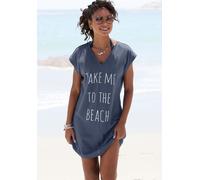 Longshirt BEACHTIME BY LASCANA "mit glänzendem Foliendruck vorne, kurzes T-Shirt-Kleid", Damen, Gr. 44/46, blau (rauchblau), Jersey, Obermaterial: 68% Baumwolle, 32% Polyester, unifarben, figurumspiel