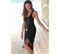 Longshirt BEACHTIME, Damen, Gr. 44/46, schwarz, Jersey, Obermaterial: 95% Viskose, 5% Elasthan, unifarben, figurumspielend ca. Mitte Oberschenkel, Rundhals, Shirts Longshirt, mit Fransen, Shirtkleid, 