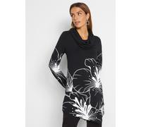 Longshirt BONPRIX, Damen, Gr. 36/38 (S), schwarz (schwarz, weiß), Obermaterial: 95% Viskose, 5% Elasthan, figurumspielend, Shirts Longshirt, figurumspielende Passform, mit asymmetrischem Saum, mit Rol
