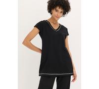 Longshirt BONPRIX, Damen, Gr. 44/46 (L), schwarz, silber, Obermaterial: 95% Baumwolle, 5% Elasthan, bequem, Shirts Longshirt, bequeme Passform, mit Nietenapplikation, Kurzarm-Design (98826741-44) schw
