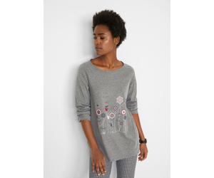 Longshirt BONPRIX, Damen, Gr. 48/50 (XL), grau (grau meliert floral), Obermaterial: 70% Baumwolle, 30% Viskose, A-Linie, Shirts Longshirt, A-Linien Passform, lange Ärmel, aus Baumwolle und Viskose (32