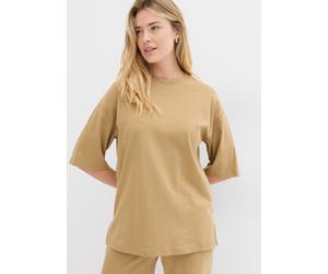 Longshirt BONPRIX, Damen, Gr. 56/58 (XXXL), beige (khakibraun), Interlock, Obermaterial: 100% Baumwolle, unifarben, oversize Po-bedeckend, Rundhals, weit, Shirts Longshirt, Oversized Schnitt, Halbarm,