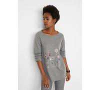 Longshirt BONPRIX, Damen, Gr. 60/62 (4XL), grau (grau meliert floral), Obermaterial: 70% Baumwolle, 30% Viskose, A-Linie, Shirts Longshirt, A-Linien Passform, lange Ärmel, aus Baumwolle und Viskose (3