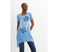 Longshirt BONPRIX "Longshirt mit Zipfel und Schmetterlingsmuster", Damen, Gr. 48/50 (XL), blau (mittelblau, weiß, dunkelblau), Obermaterial: 95% Viskose, 5% Elasthan, loose fit, Shirts Longshirt, Long