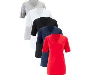 Longshirt BONPRIX "Weites Long-Shirt mit V-Ausschnitt, Kurzarm (5er Pack)", Damen, Gr. 36/38 (S), erdbeere, schwarz, weiß, hellgrau meliert, dunkelblau, Jersey, Obermaterial: 90% Baumwolle, 10% Viskos