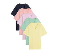 Longshirt BONPRIX "Weites Long-Shirt mit V-Ausschnitt, Kurzarm (5er Pack)", Damen, Gr. 36/38 (S), softrosa, softflieder, mint, softlimette, dunkelblau, Jersey, Obermaterial: 100% Baumwolle, mehrfarbig