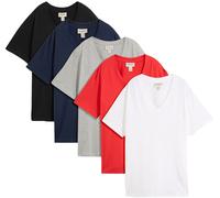 Longshirt BONPRIX "Weites Long-Shirt mit V-Ausschnitt, Kurzarm (5er Pack)", Damen, Gr. 40/42 (M), bunt (erdbeere, schwarz, weiß, hellgrau meliert, dunkelblau), Jersey, Obermaterial: 90% Baumwolle, 10%