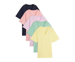 Longshirt BONPRIX "Weites Long-Shirt mit V-Ausschnitt, Kurzarm (5er Pack)", Damen, Gr. 44/46 (L), bunt (softrosa, softflieder, mint, softlimette, dunkelblau), Jersey, Obermaterial: 100% Baumwolle, meh