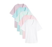 Longshirt BONPRIX "Weites Long-Shirt mit V-Ausschnitt, Kurzarm (5er Pack)", Damen, Gr. 44/46 (L), kristallrosa, pastellmint, mattaqua, rauchflieder, weiß, Jersey, Obermaterial: 100% Baumwolle, mehrfar