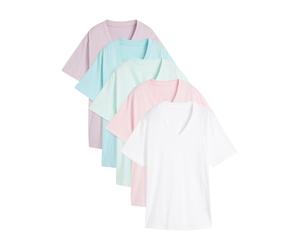 Longshirt BONPRIX "Weites Long-Shirt mit V-Ausschnitt, Kurzarm (5er Pack)", Damen, Gr. 52/54 (XXL), bunt (kristallrosa, pastellmint, mattaqua, rauchflieder, weiß), Jersey, Obermaterial: 100% Baumwolle