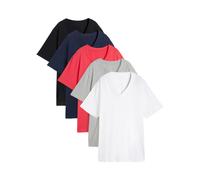 Longshirt BONPRIX "Weites Long-Shirt mit V-Ausschnitt, Kurzarm (5er Pack)", Damen, Gr. 56/58 (XXXL), schwarz, hibiskuspink, hellgrau meliert, weiß, dunkelblau, Jersey, Obermaterial: 90% Baumwolle, 10%