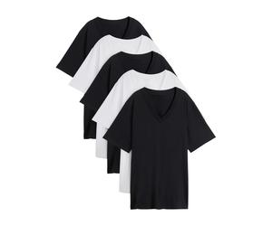 Longshirt BONPRIX "Weites Long-Shirt mit V-Ausschnitt, Kurzarm (5er Pack)", Damen, Gr. 56/58 (XXXL), schwarz (schwarz, schwarz, schwarz, weiß, weiß), Jersey, Obermaterial: 100% Baumwolle, mehrfarbig,