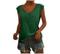 Longshirt Damen Bluse Damen Sommer Langarmshirt Damen Baumwolle Damen Locker Einfarbig V-Ausschnitt Kuzarm Tops Sommer T-Shirt Regular Fit Oberteile T Shirt Mit Gummizug Am Bund Damen (Dark Green, Xl)