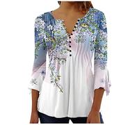 Longshirt Damen Elegant V-Ausschnitt Tunika Shirt Lässige 3/4 Ärmel Oberteile Vintage Baumwolle Bluse Tops Schön Blumen Druck Sommershirts Knopfleiste Plissiert T-Shirt Streetwear