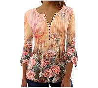 Longshirt Damen Elegant V-Ausschnitt Tunika Shirt Lässige 3/4 Ärmel Oberteile Vintage Baumwolle Bluse Tops Schön Blumen Druck Sommershirts Knopfleiste Plissiert T-Shirt Streetwear
